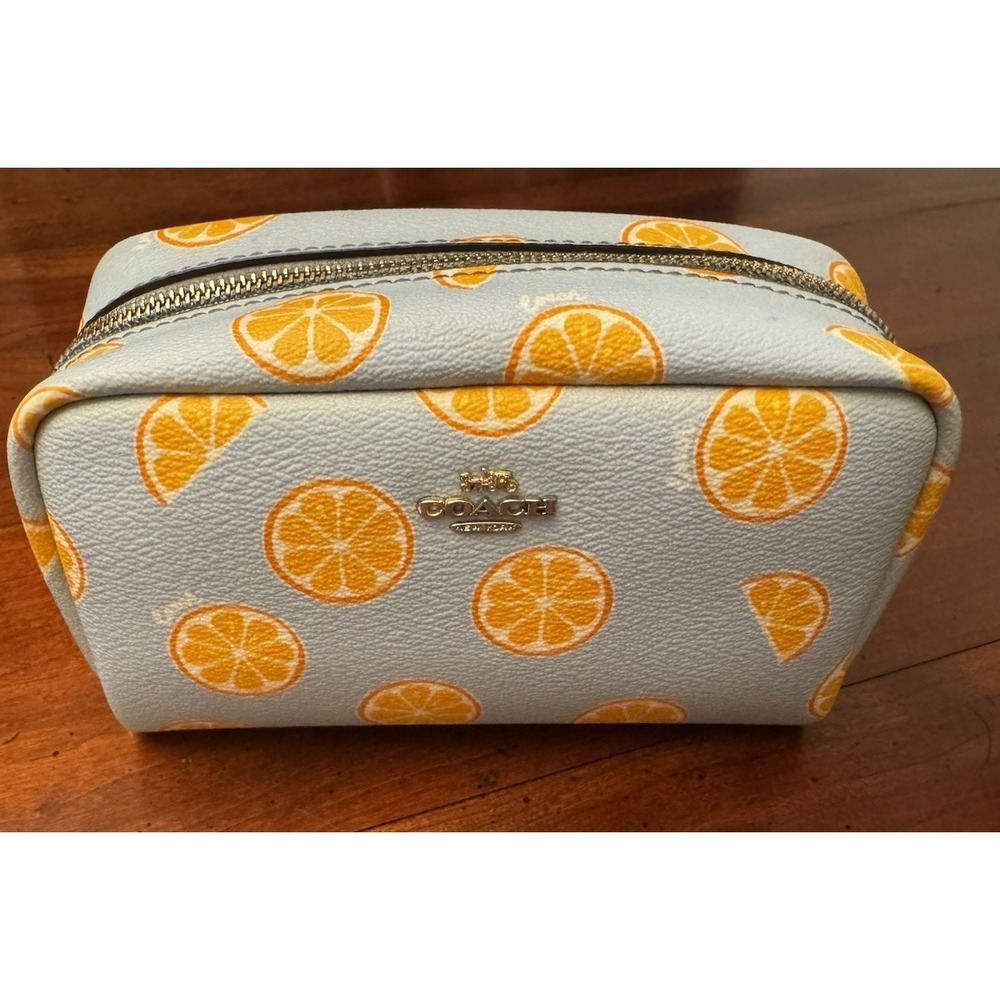 COACH Small Boxy Cosmetic Case with Orange Print 2346 IM/Orange/Blue Makeup Bag